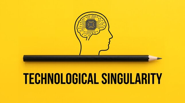 Conceptual image featuring human head outline containing microchip circuit brain drawing positioned above black pencil pointing right beside technological singularity text