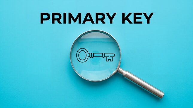 Magnifying glass highlighting a key icon with the text primary key above it symbolizing database management information security software development and digital infrastructure concepts