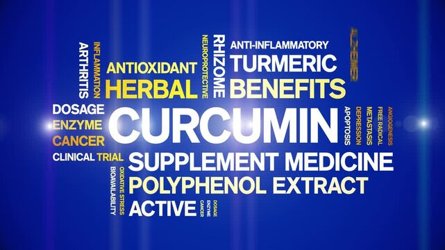 Curcumin animated word cloud-animation tag kinetic typography seamless loop.