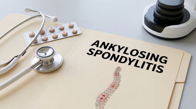 Medical folder with ankylosing spondylitis text accompanied by a stethoscope medication blister pack and medical equipment in a clinical setting providing healthcare analysis