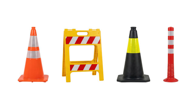 Row of four various traffic cones and barricades isolated on transparent background.