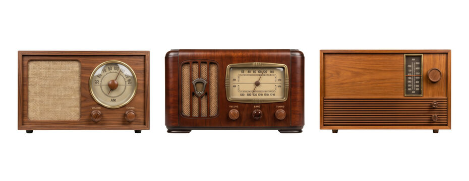 Row of three vintage radio receivers isolated on transparent background.