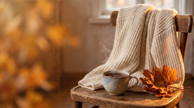 Cozy autumn still life with knitted sweater draped over wooden chair, mug of hot tea, and golden maple leaves in warm sunlight