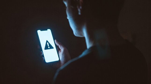 Person holding glowing smartphone displaying emergency warning notification icon for severe weather alert or tornado warning in dark room