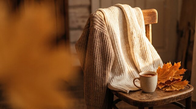 Cozy autumn still life with knitted sweater draped over wooden chair, mug of hot tea, and golden maple leaves in warm sunlight