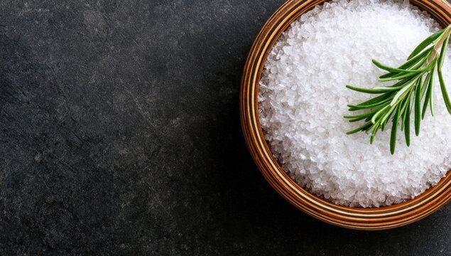 Round wooden bowl filled with coarse sea salt and fresh rosemary sprig on dark textured surface