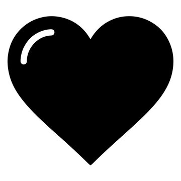 Simple solid black heart shape icon with a highlight reflection on white background reflection highlight