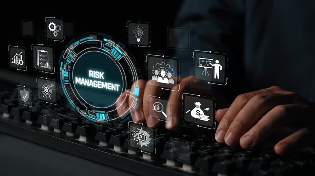 Hands Typing on a Keyboard with Digital Risk Management Icons and Elements in a Modern Business Environment Sigmoid
