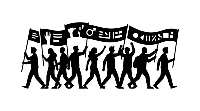 A silhouette illustration of a diverse group of people marching together while carrying protest banners.