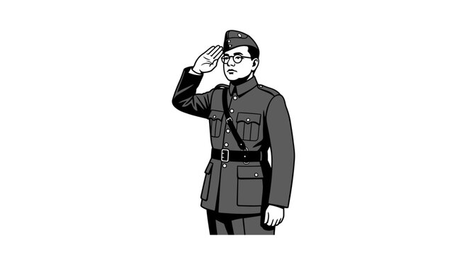 A black and white illustration of Subhash Chandra Bose saluting in his military uniform.