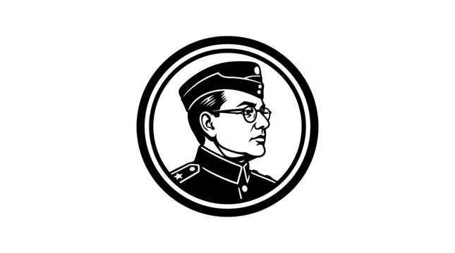 A black and white illustration of Subhash Chandra Bose in a circular frame.