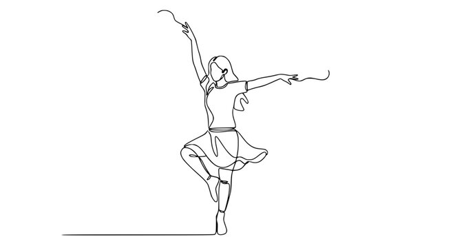 Continuous line drawing of a young woman dancing ballet, graceful movement, elegant pose, minimalism