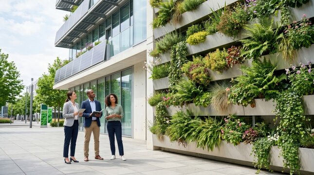 Modern eco-friendly office building with vertical garden and solar panels, diverse business team discussing sustainable architecture outdoors in urban environment