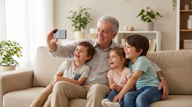 Grandfather Takes Selfie With Joyful Grandchildren on Senior Citizen Day