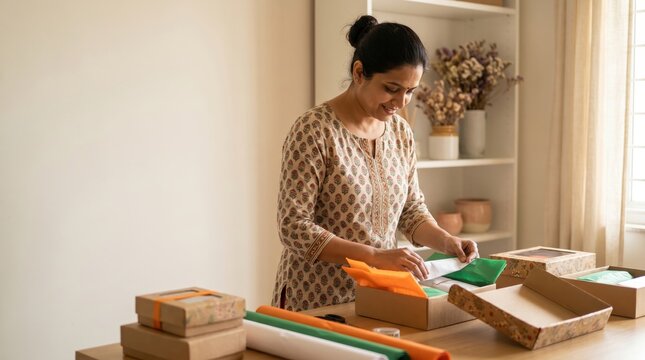 Indian Entrepreneur Gracefully Packing Gifts for India's Independence Day Celebration