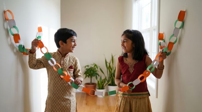 Joyful Indian siblings celebrate India's Independence Day with festive tricolor paper chain decor
