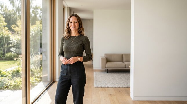 A confident woman stands by a large window in a modern, bright living room, with a sofa and rug in the background.