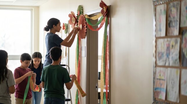 Students decorating a classroom doorway with festive colors for India's Independence Day celebration