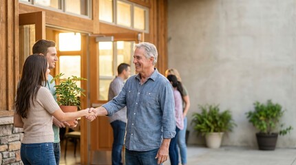 Fototapeta premium Senior Man Welcoming New Residents on Senior Citizen Day