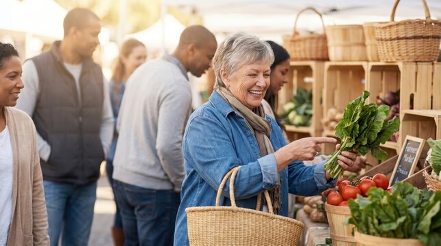Senior Woman Chooses Fresh Produce at Market for Senior Citizen Day