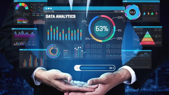 Business professional presenting futuristic data analytics interface with various graphical representations of statistics and metrics for decision making purposes Sigmoid