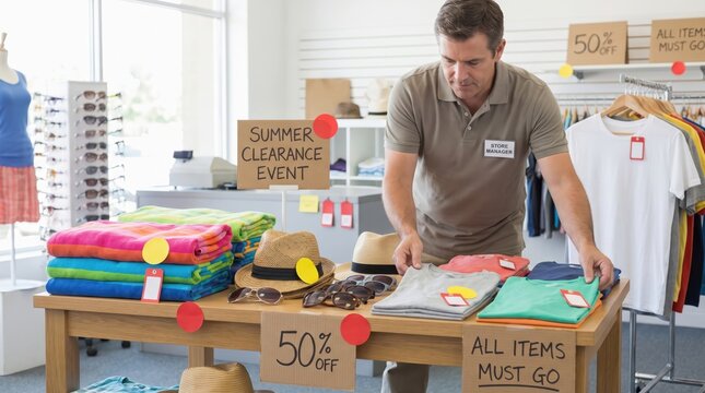 Store manager organizing End Of Summer Retail & Clearance Campaign Kits
