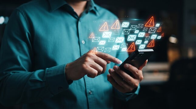 Business professional holding smartphone with glowing digital overlay of multiple incoming email notifications and warning alert icons symbolizing cyber security threat and inbox overload