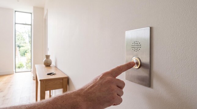 Close-up of hand pressing a modern metal intercom call button inside a home.