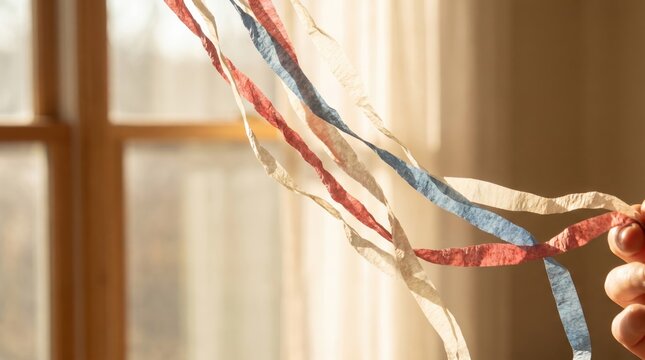 Tricolor Streamers Celebrating India's Independence Day Hanging Indoors with Soft Bokeh Background
