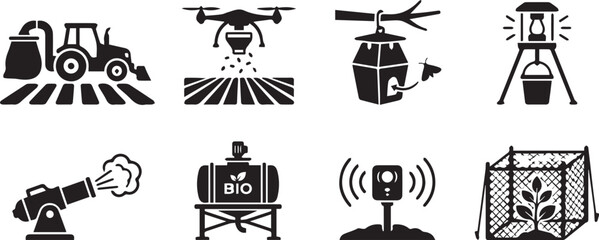 Fototapeta premium Set of black depicting agricultural crop protection tools, including drones, traps, sprayers, and monitoring equipment