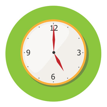 Analog clock pointing to 5 o clock icon in green circle, time management or business hours flat vector illustration