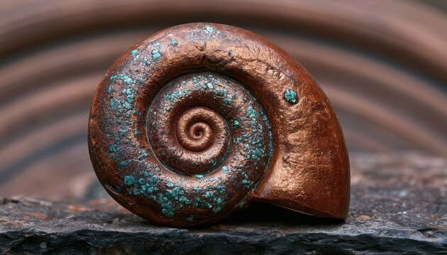 Shiny copper ammonite fossil with green patina on dark stone