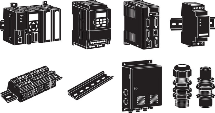 Solid black silhouette of industrial electrical components, including plc controllers, frequency drives, terminal blocks, and cable glands