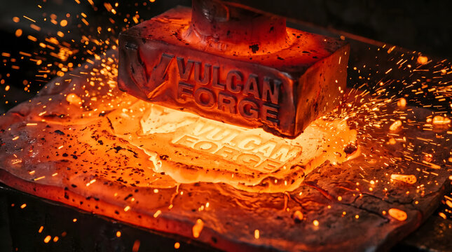 Industrial hydraulic press stamping a logo onto glowing red hot metal with intense sparks