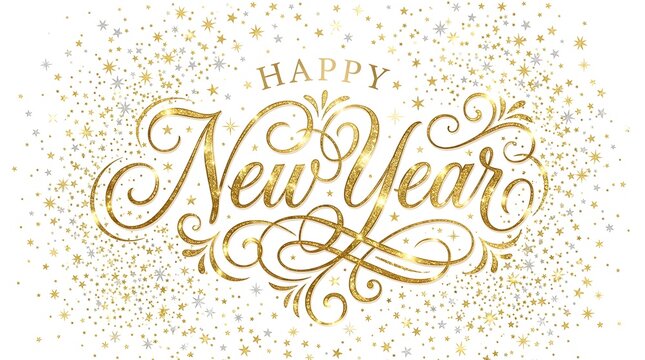 Sparkling 'happy new year' gold calligraphy design with festive glitter and star confetti