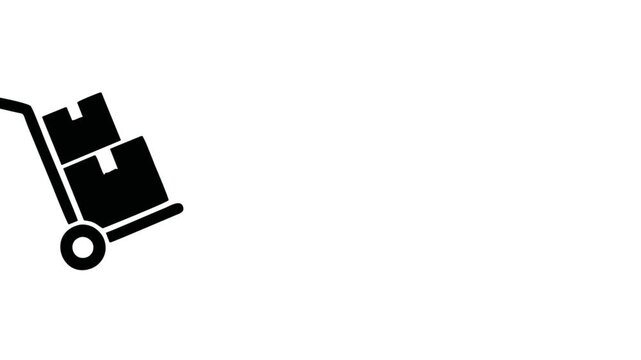 Black icon of hand truck with stacked boxes on white background.