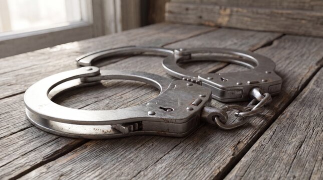 Metal handcuffs on a rustic wooden table. Police equipment for arrest and law enforcement.