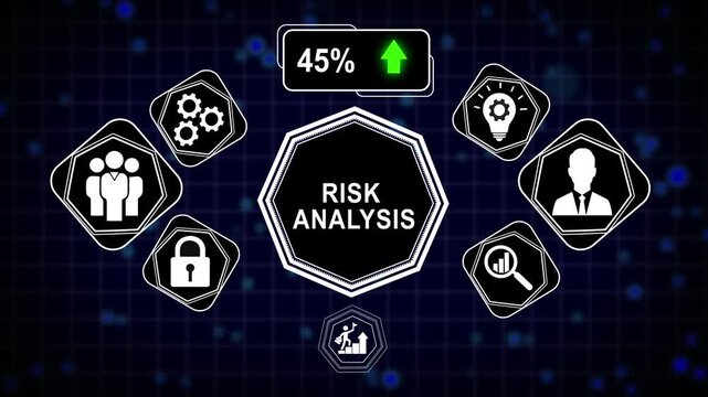 Risk analysis digital interface with percentage loading bar and business for corporate financial strategy and data management presentations