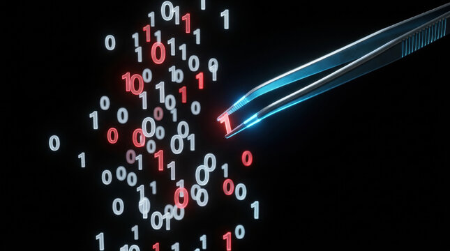 Ai ethics regulation concept with digital binary code and futuristic tweezers representing data control and ethical technology use