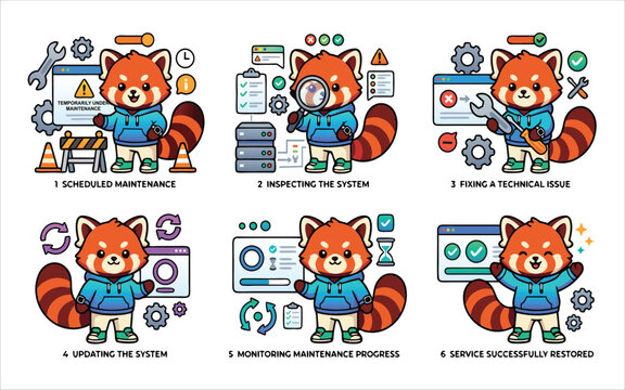 Cute Maintenance Mascot Set with Kawaii Red Panda, System Update, Server Maintenance, Website Repair and Technical Support, Isolated for SaaS, UI UX, Web App and IT Service Design