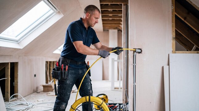 Electrician pulling yellow cable through conduit during home renovation.