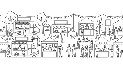 Fototapeta premium Line art illustration of a bustling outdoor street food market with vendors and customers.