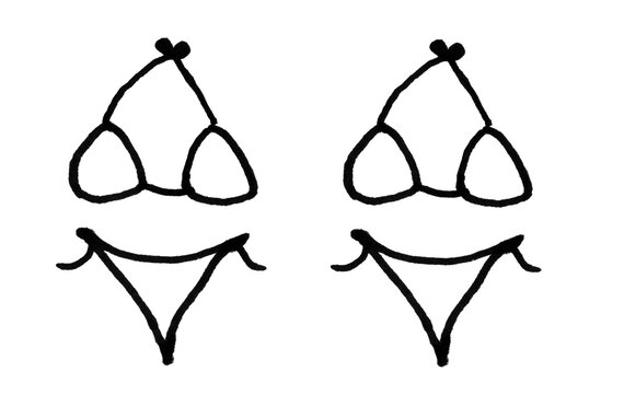 Bikini Swimwear Doodle Brush Set, Hand-Drawn Black Outline Halter Neck Two Piece, Simple Beach Fashion, Pair of Bikinis, White Background, Clip Art for Photoshop, PNG Transparent