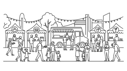 Obraz premium A lively outdoor street food festival scene with people and stalls.