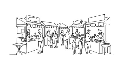 Obraz premium Line art illustration of a bustling outdoor food market with vendors and customers.
