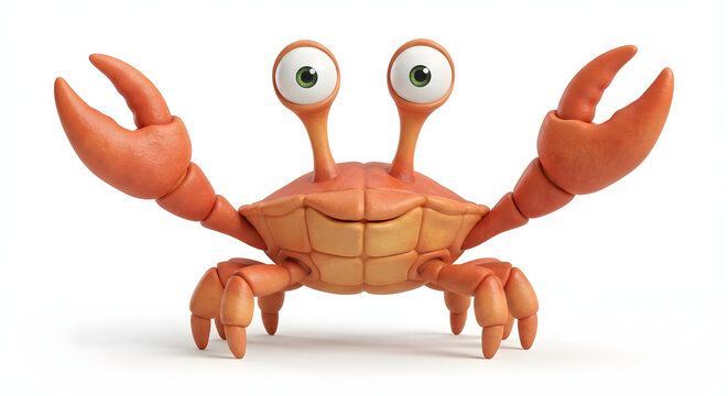 Funny red crab mascot with big green eyestalks raising claws cheerfully, 3D rendering