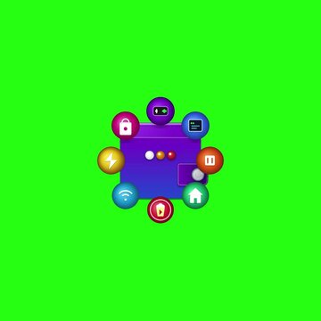 3D blue digital wallet e-wallet surrounded by rotating utility bill payment icons on green screen chroma key background for online banking smartphone application and financial internet business