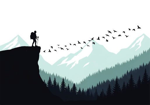 Flat Design illustration of a lone hiker standing on a cliff edge overlooking a vast mountain range and pine forest