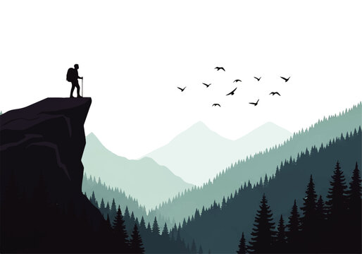 Flat Design silhouette of a lone hiker standing on a cliff edge overlooking misty mountains and pine forests