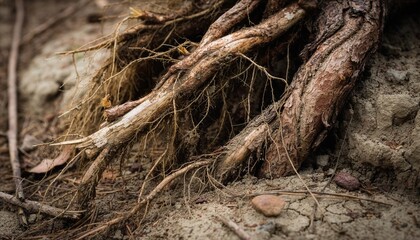 Fototapeta premium Close-up of exposed tree roots after deforestation. suitable for forest conservation campaigns, anti-illegal logging posters, or environmental educational materials.